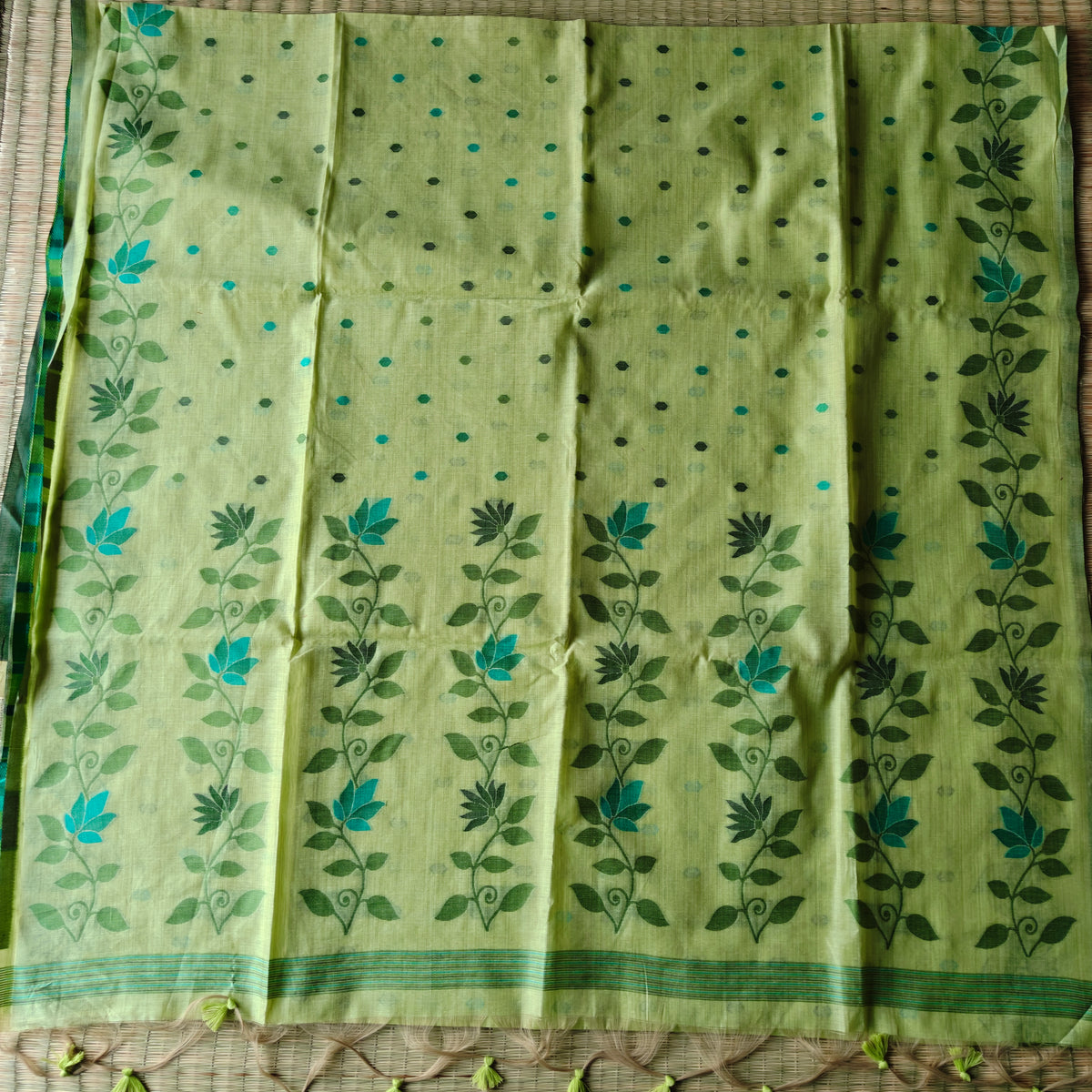 Pastel Lime Chanderi Cotton Jamdani Saree