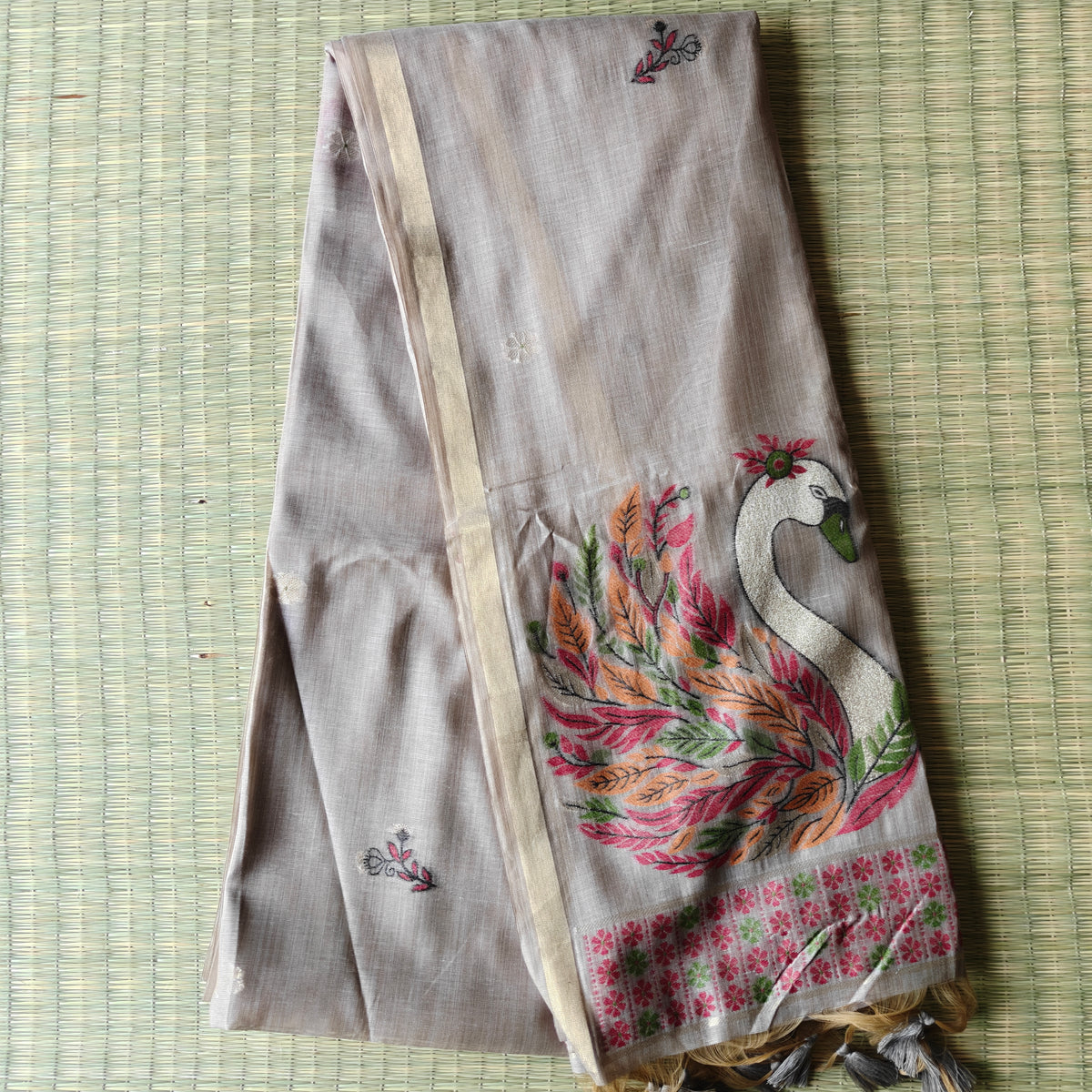 Beige-Grey Chanderi cotton Saree with colourful Swan Motifs