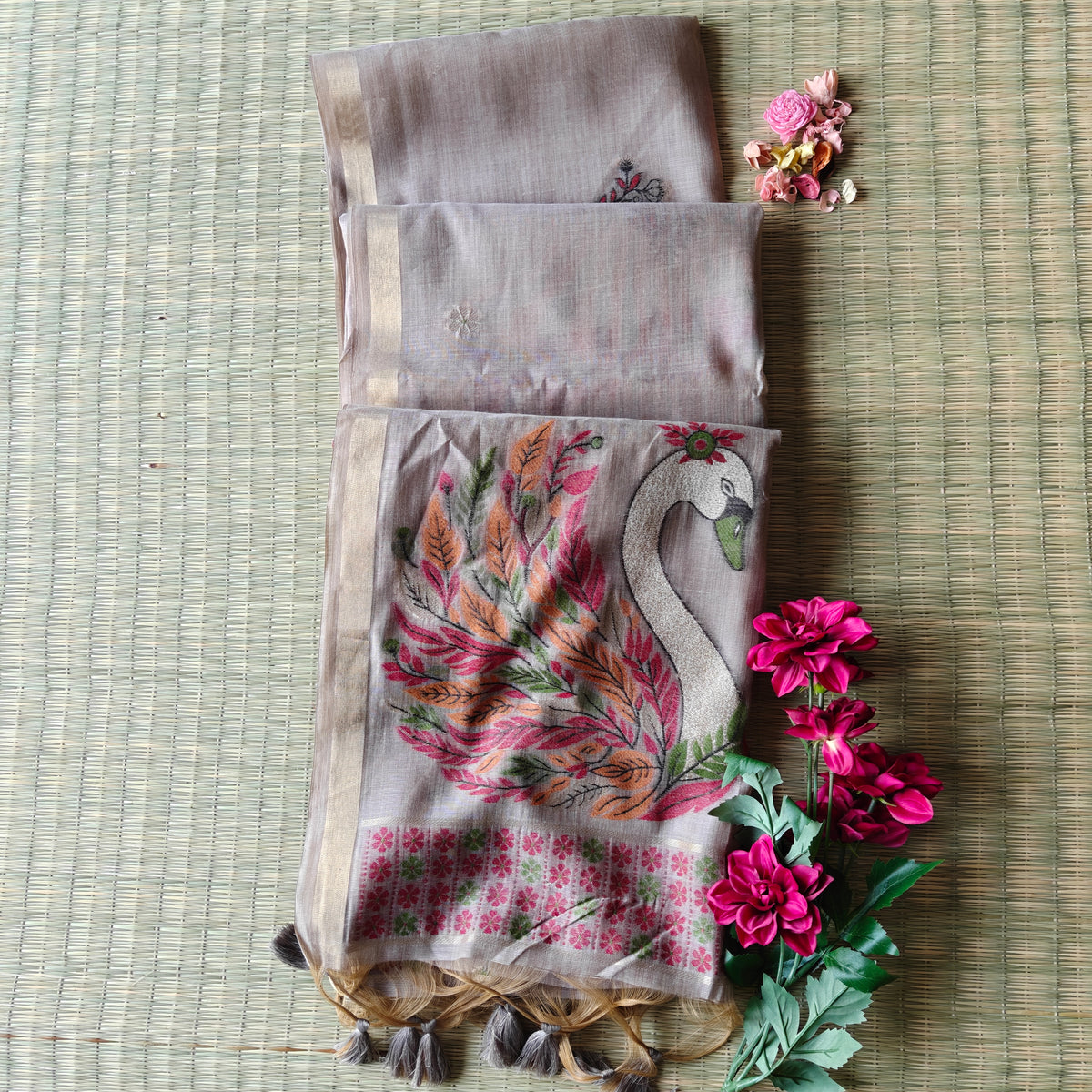 Beige-Grey Chanderi cotton Saree with colourful Swan Motifs