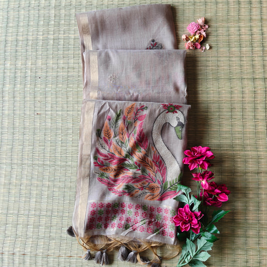 Beige-Grey Chanderi cotton Saree with colourful Swan Motifs
