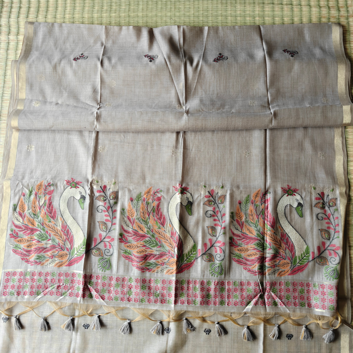 Beige-Grey Chanderi cotton Saree with colourful Swan Motifs