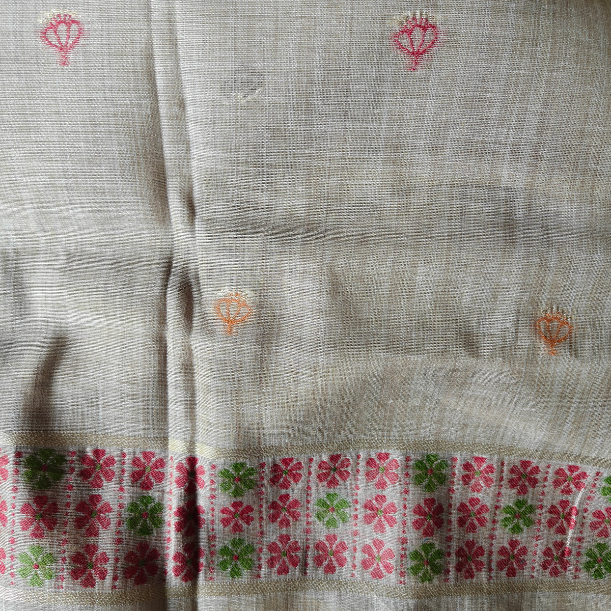 Beige-Grey Chanderi cotton Saree with colourful Swan Motifs