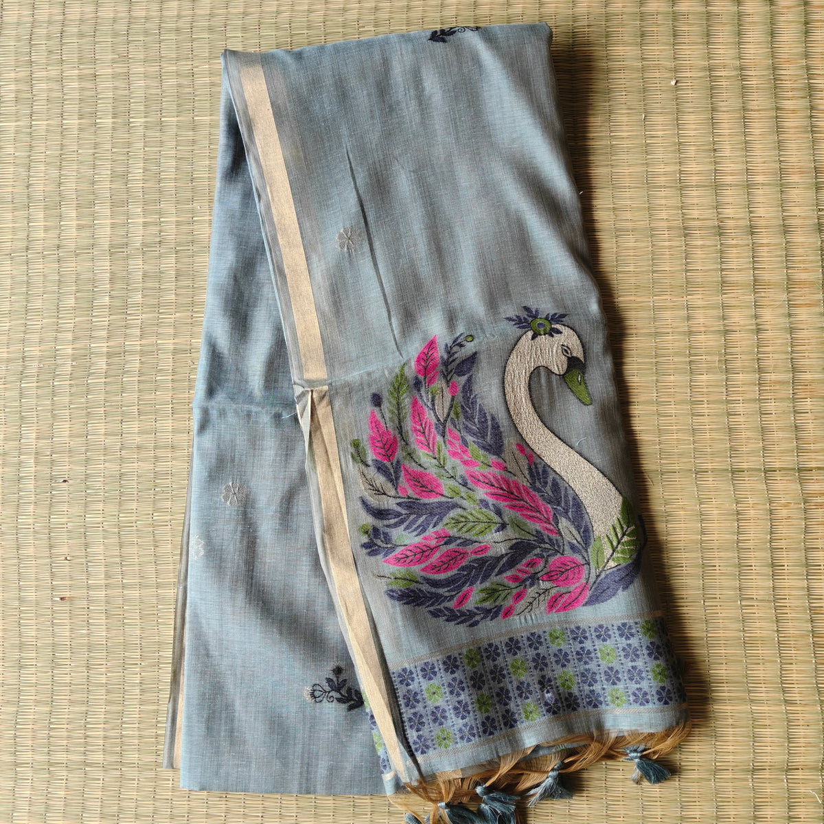 Bluish Grey Chanderi Cotton Saree with Colorful Swan Motifs