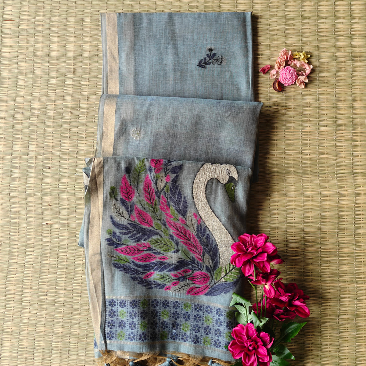 Bluish Grey Chanderi Cotton Saree with Colorful Swan Motifs