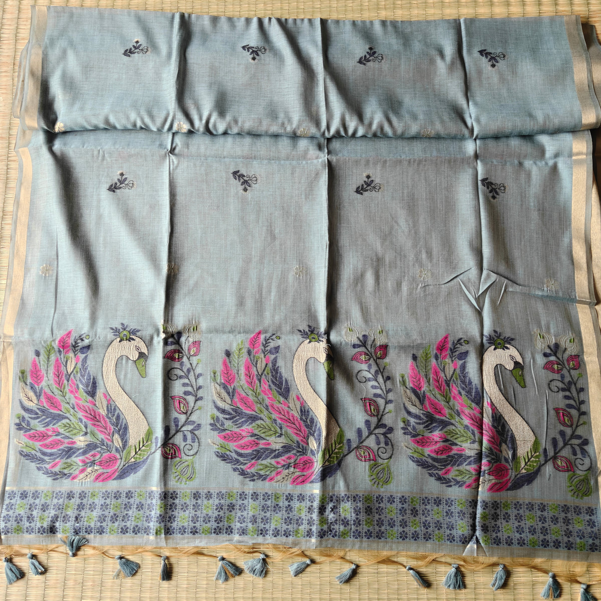 Bluish Grey Chanderi Cotton Saree with Colorful Swan Motifs