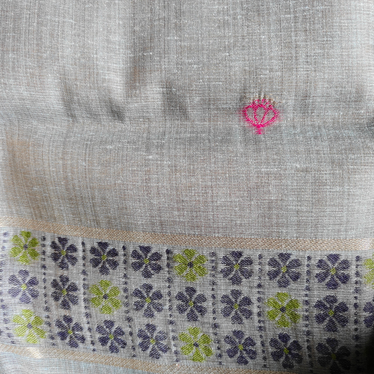 Bluish Grey Chanderi Cotton Saree with Colorful Swan Motifs