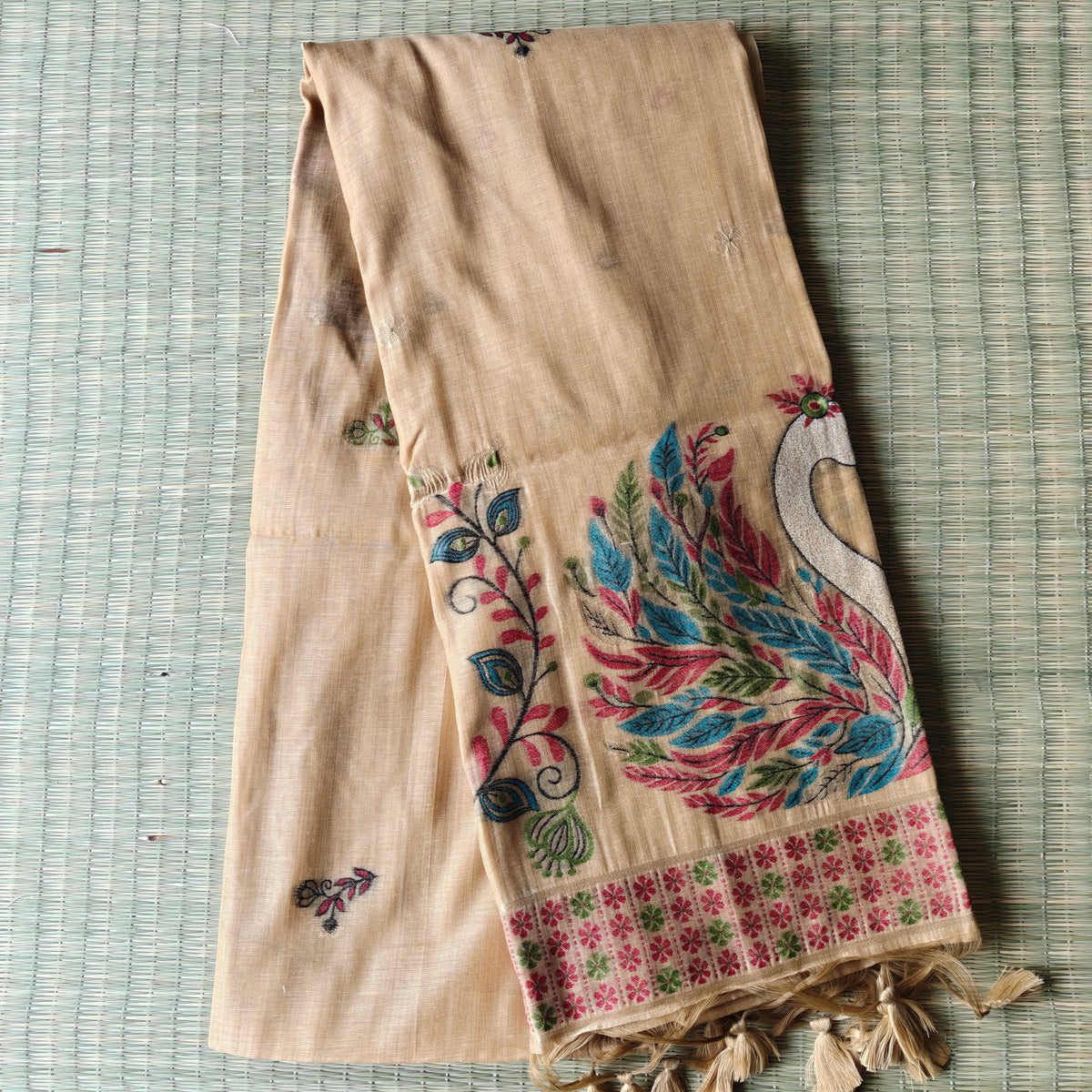 Golden yellow Chanderi cotton Saree with colorful Swan Motifs