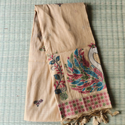 Golden yellow Chanderi cotton Saree with colorful Swan Motifs