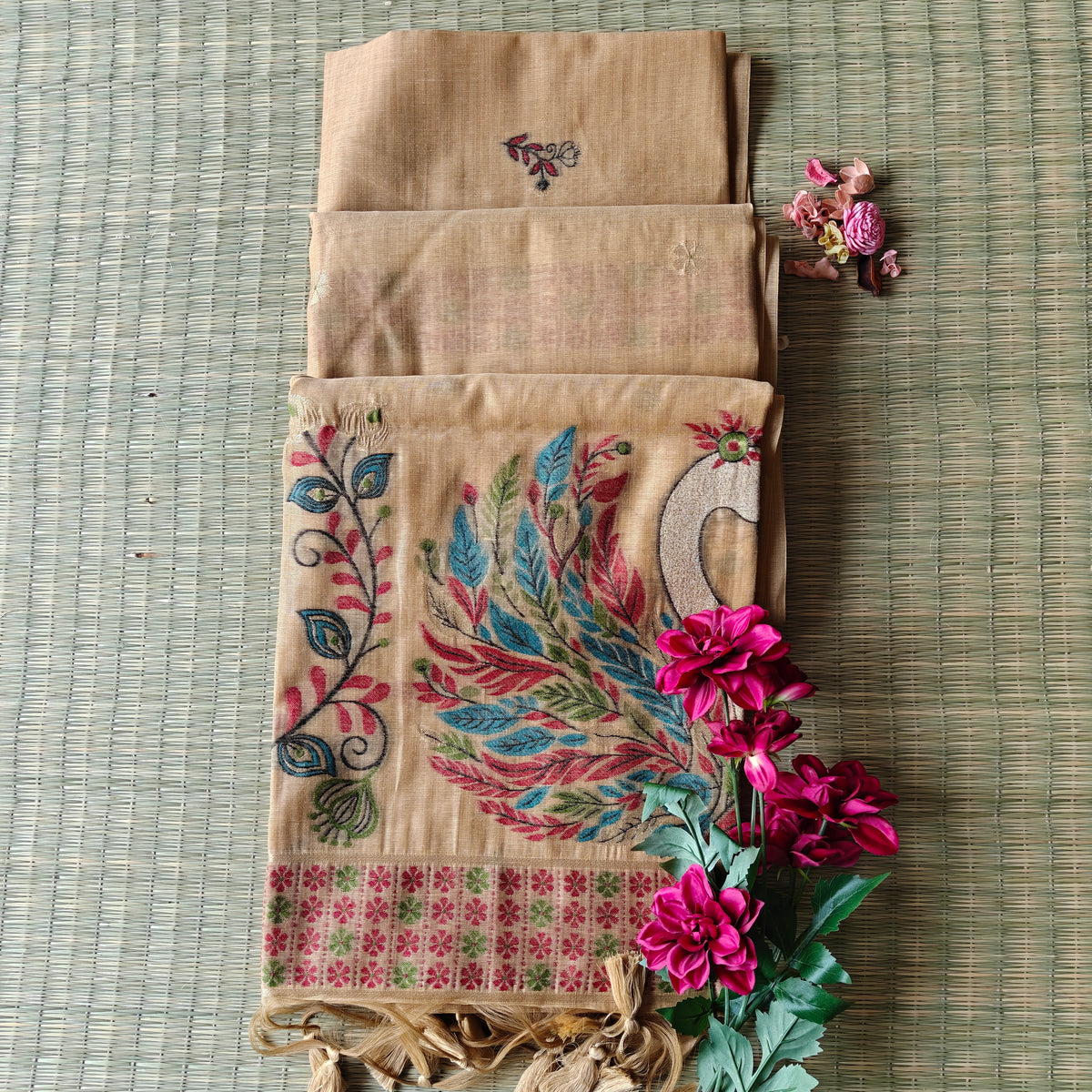 Golden yellow Chanderi cotton Saree with colorful Swan Motifs