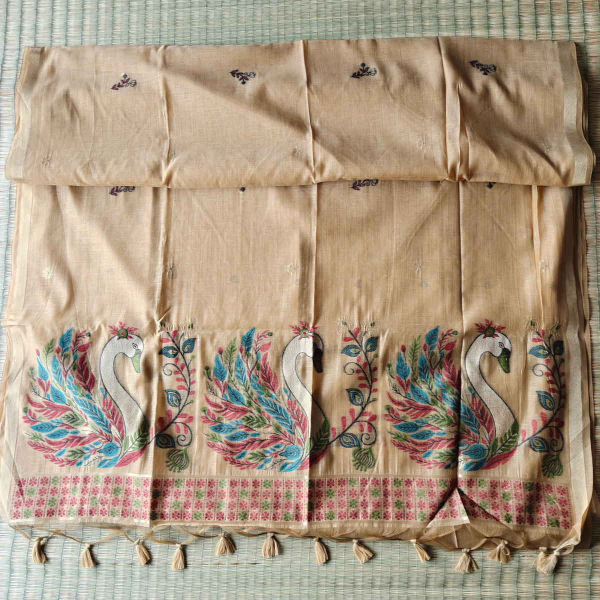 Golden yellow Chanderi cotton Saree with colorful Swan Motifs