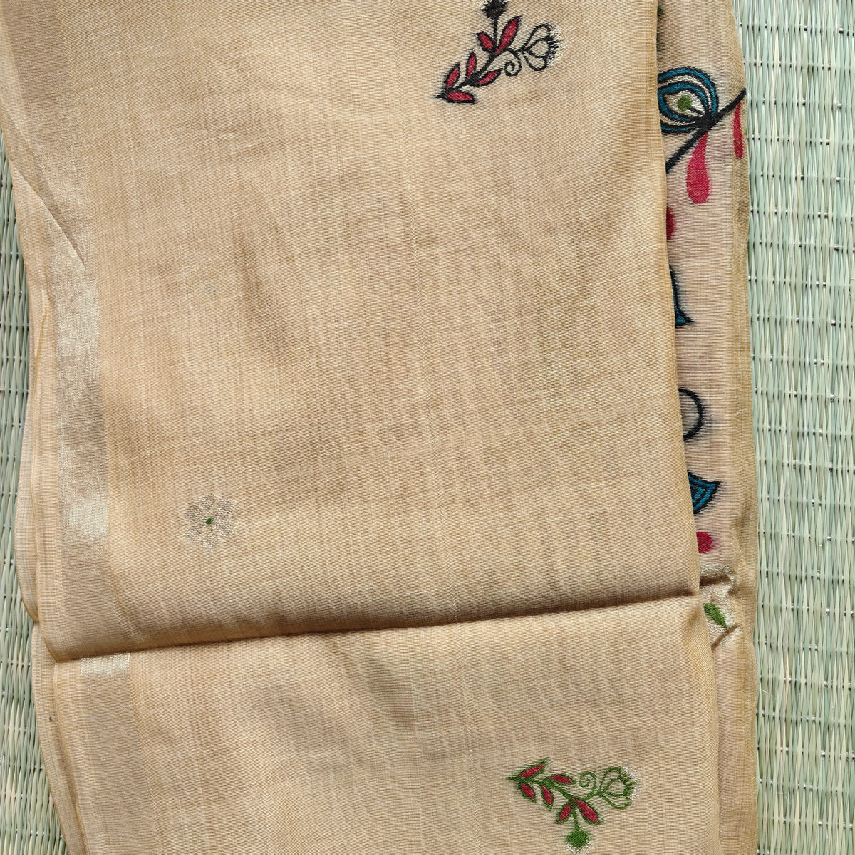 Golden yellow Chanderi cotton Saree with colorful Swan Motifs