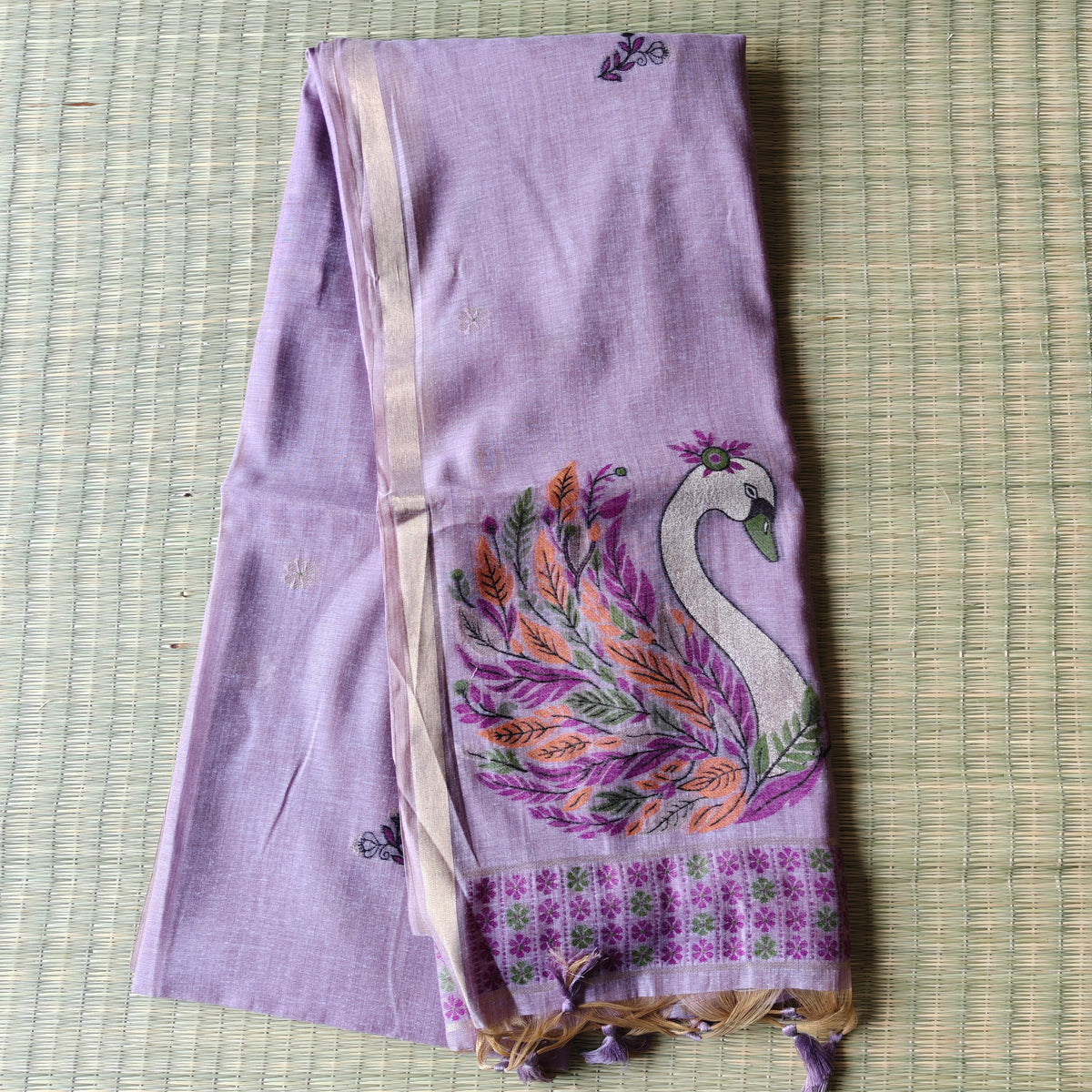 Lavender Chanderi Cotton Saree with colorful Swan Motifs