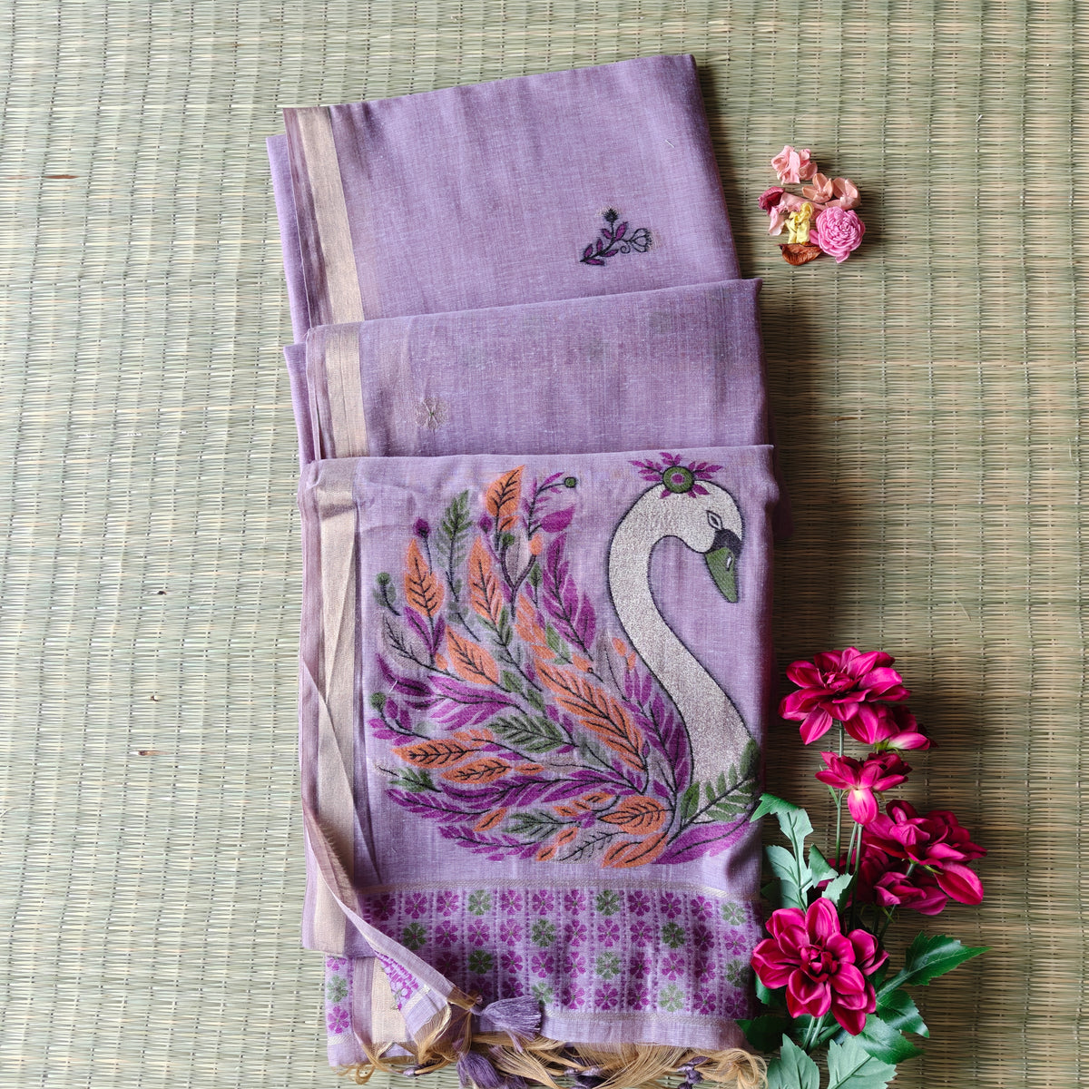 Lavender Chanderi Cotton Saree with colorful Swan Motifs