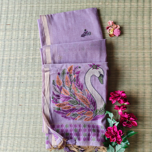 Lavender Chanderi Cotton Saree with colorful Swan Motifs