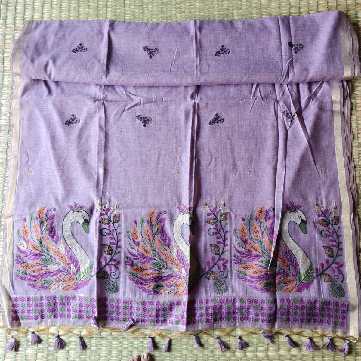 Lavender Chanderi Cotton Saree with colorful Swan Motifs