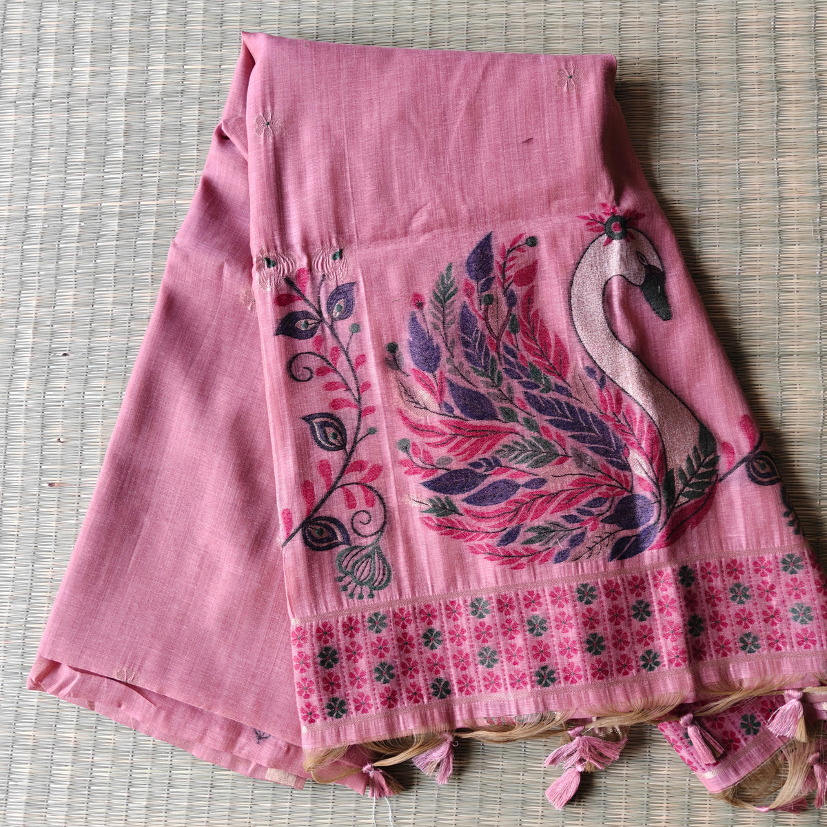 dusty rose Chanderi Cotton Saree with colourful Swan Motifs