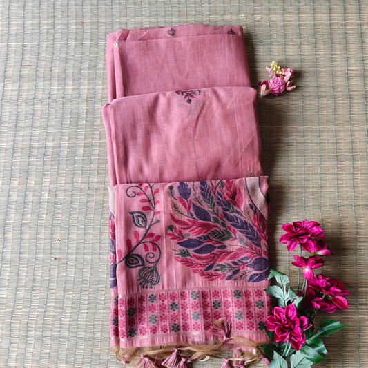 dusty rose Chanderi Cotton Saree with colourful Swan Motifs