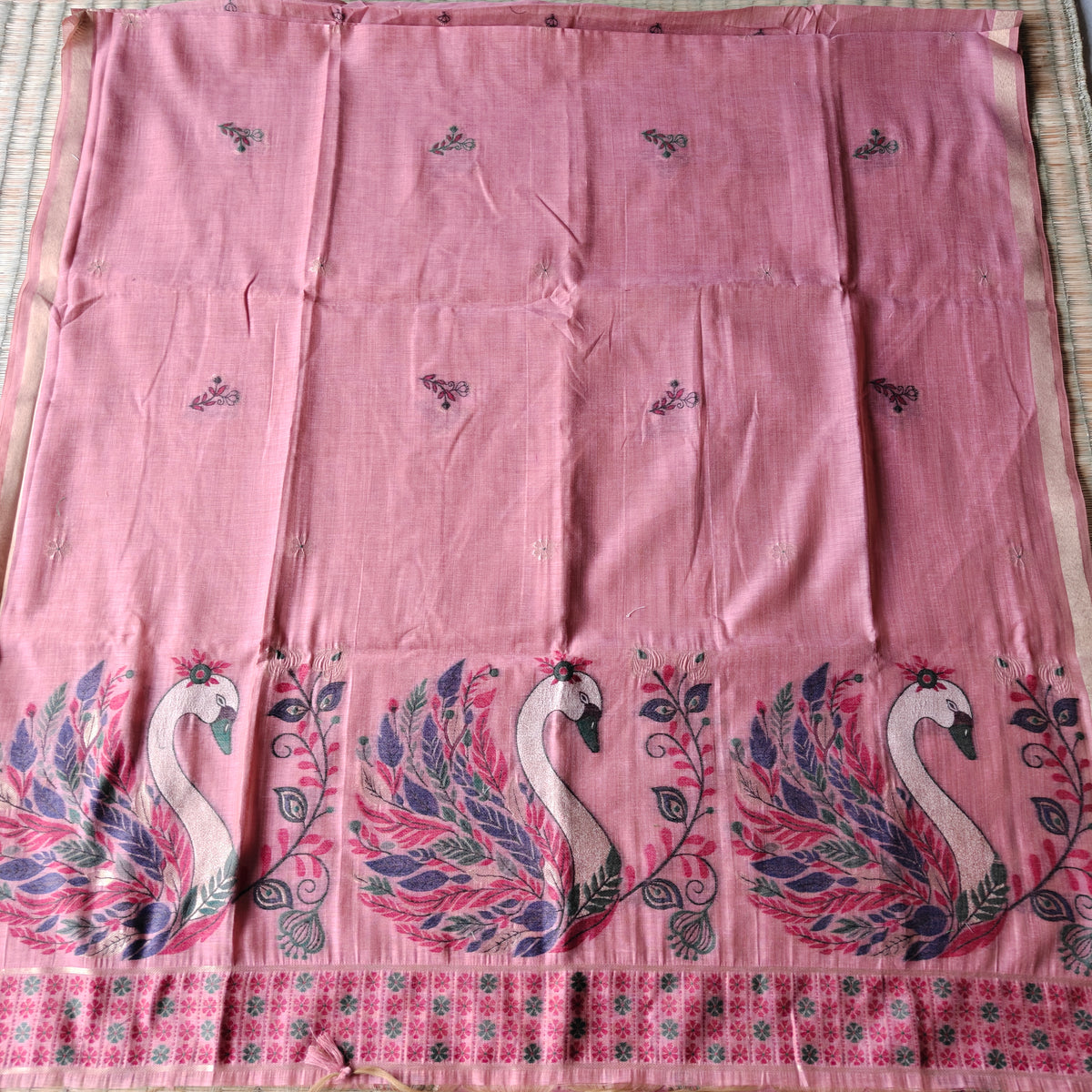 dusty rose Chanderi Cotton Saree with colourful Swan Motifs