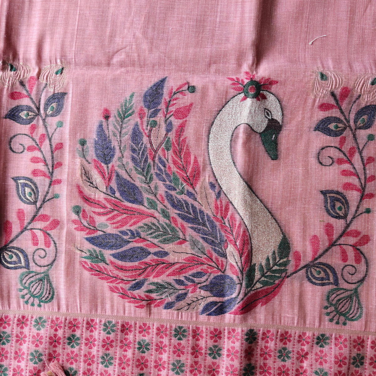 dusty rose Chanderi Cotton Saree with colourful Swan Motifs