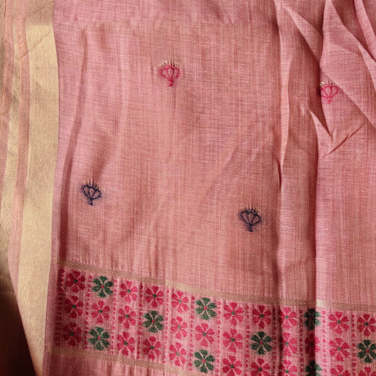 dusty rose Chanderi Cotton Saree with colourful Swan Motifs