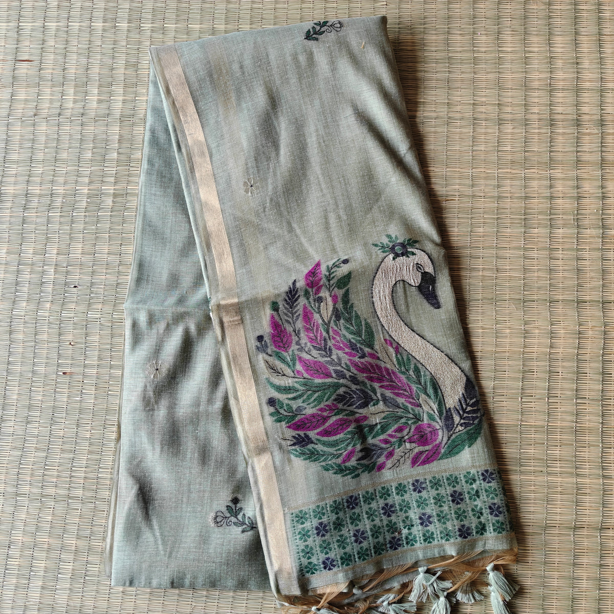 Chanderi Cotton Saree with colourful Swan Motifs