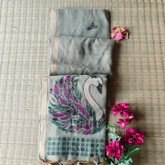 Chanderi Cotton Saree with colourful Swan Motifs