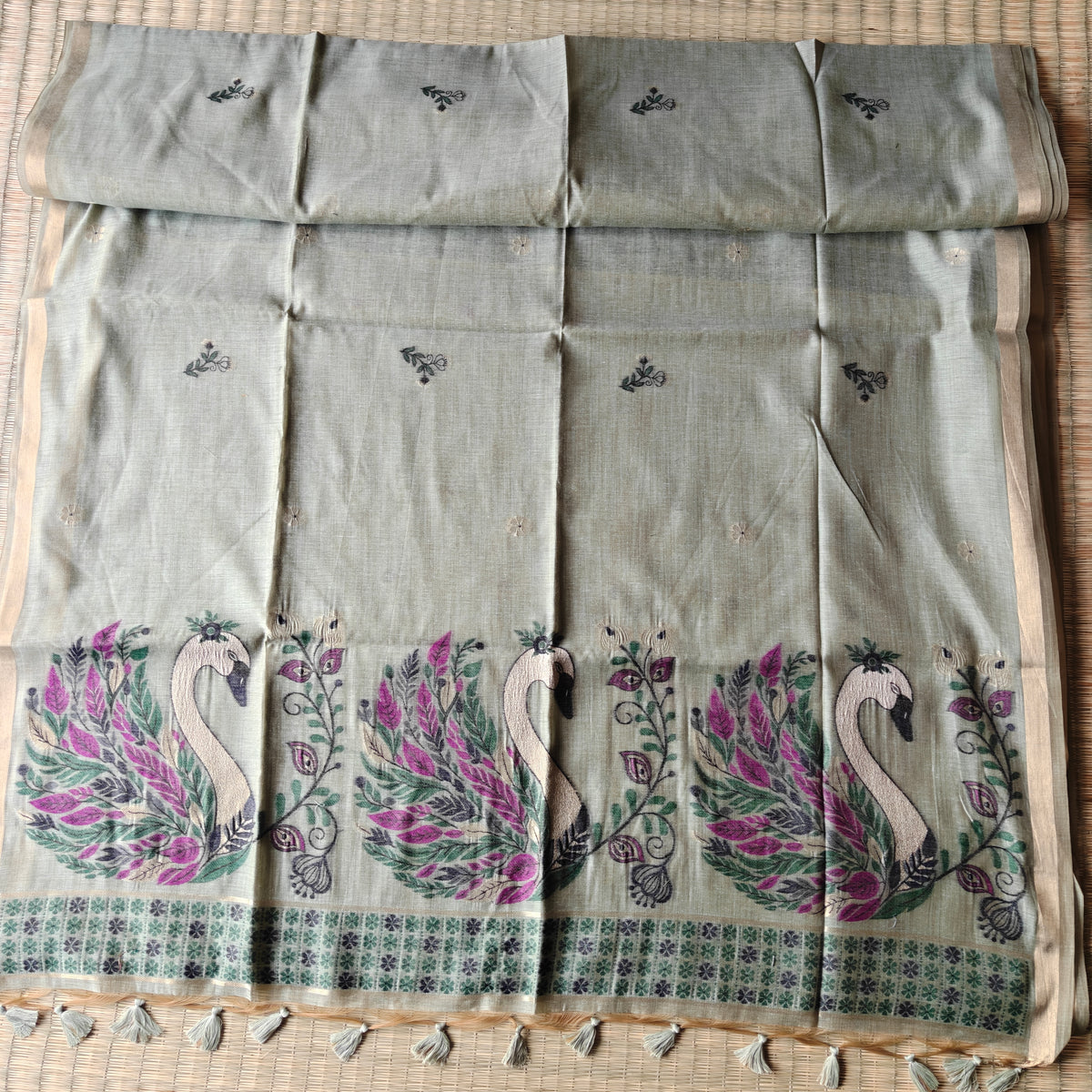 Chanderi Cotton Saree with colourful Swan Motifs