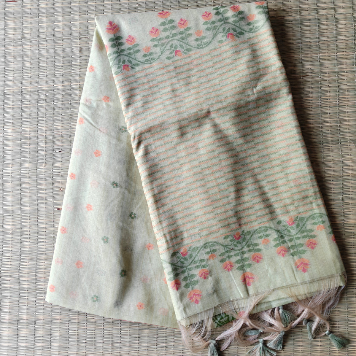 Pastel mist Green Chanderi Cotton Jamdani Saree