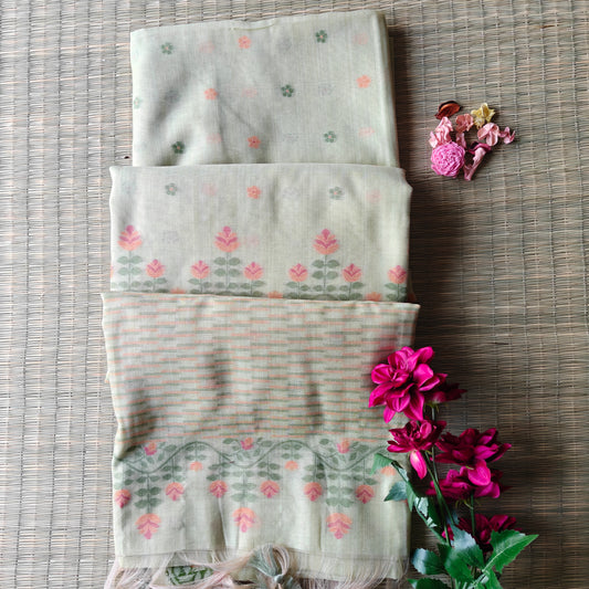 Pastel mist Green Chanderi Cotton Jamdani Saree