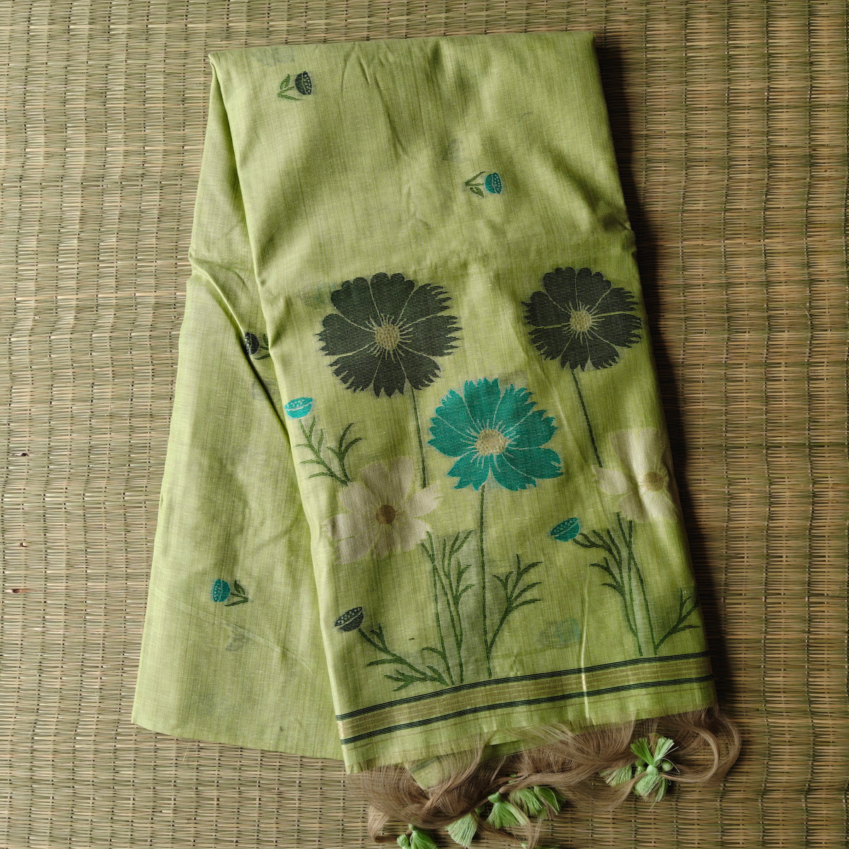 Pista Green Muga Cotton Jamdani Saree