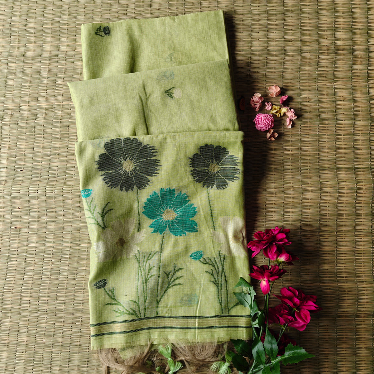 Pista Green Muga Cotton Jamdani Saree