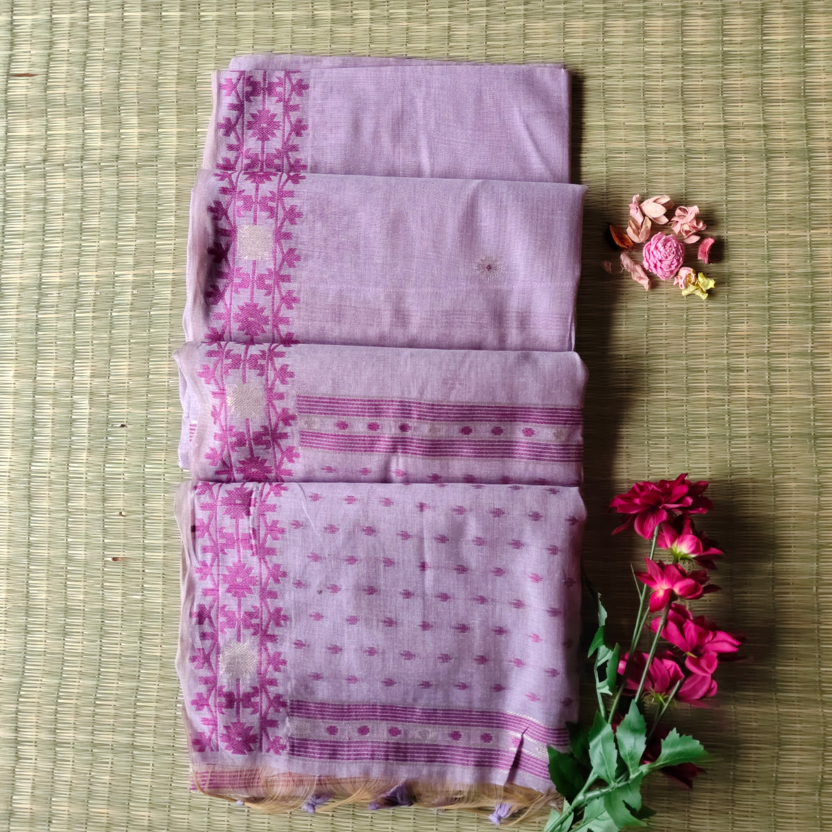 Lilac Pink Chanderi Cotton Jamdani Saree