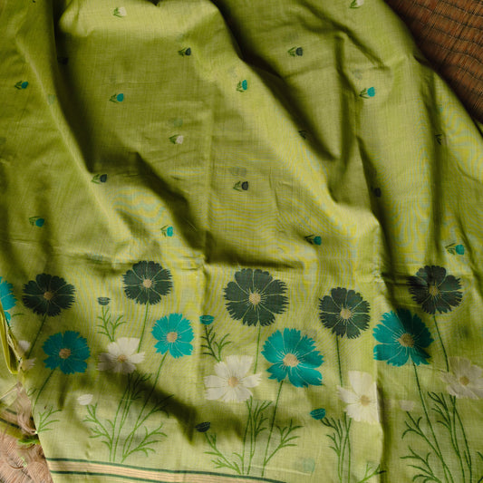 Pista Green Muga Cotton Jamdani Saree