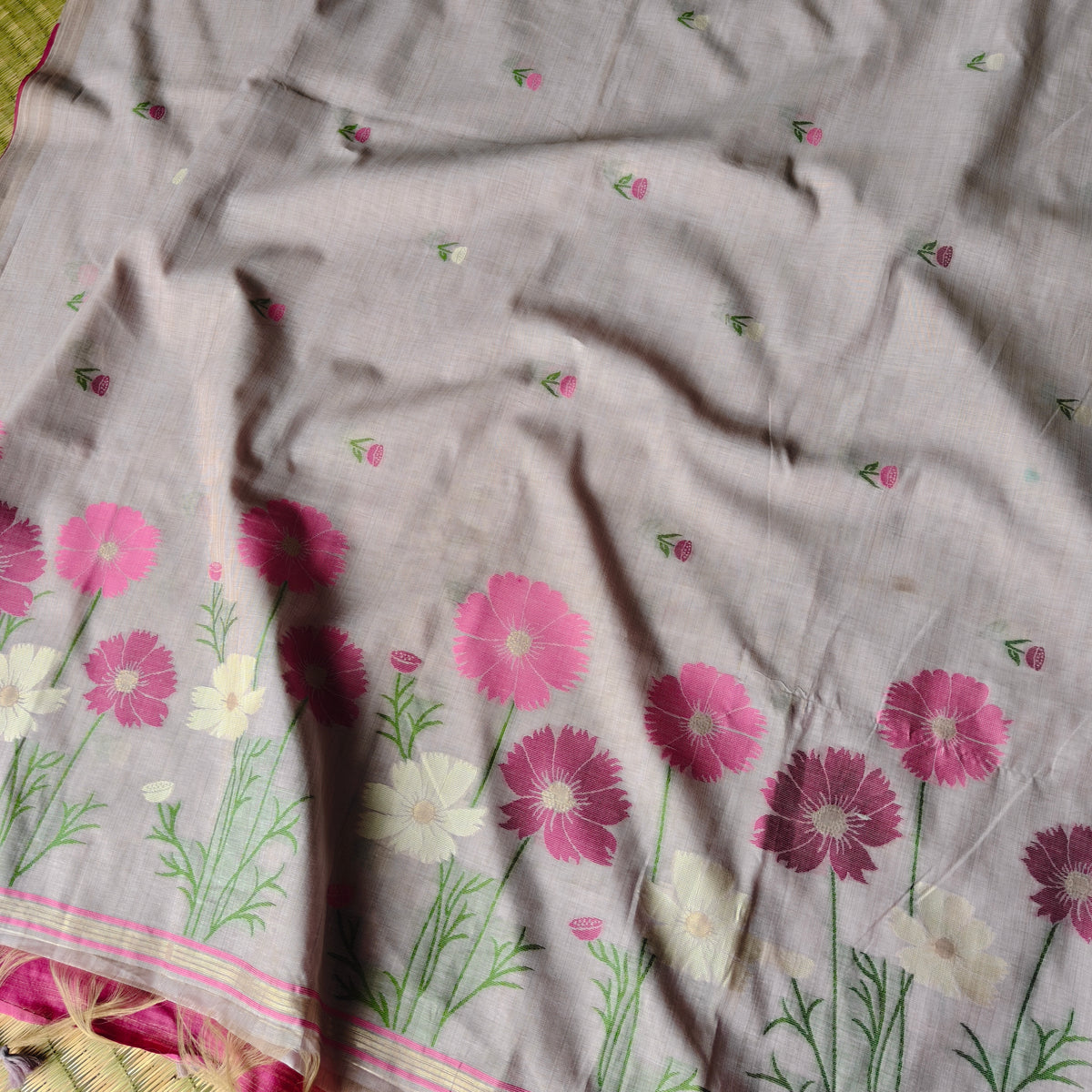 Pastel Grey Muga Cotton Saree