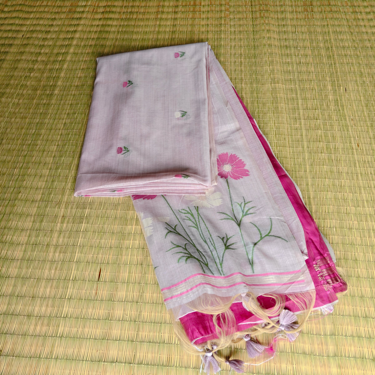 Pastel Grey Muga Cotton Saree