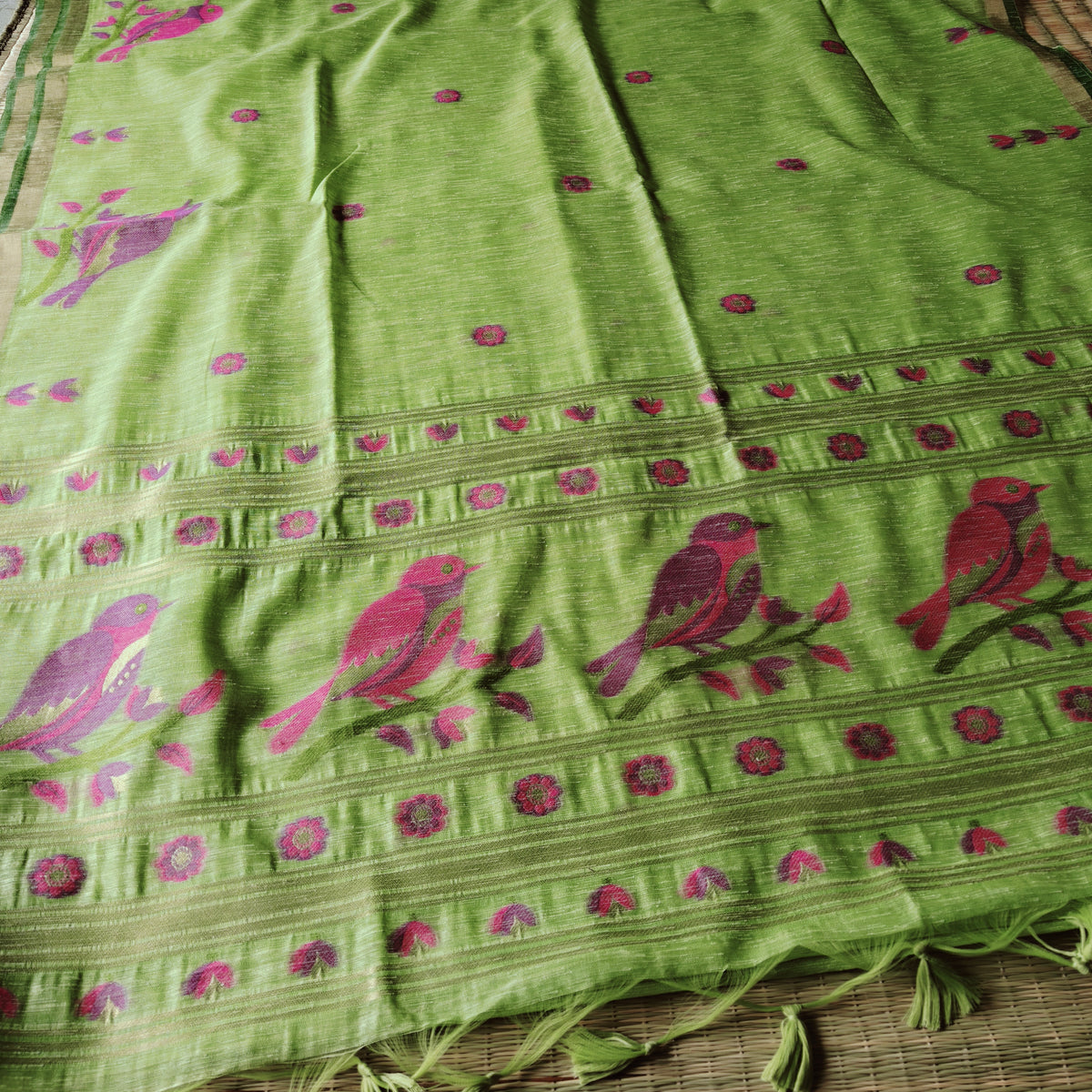 Bird Motif woven Muga Cotton Saree