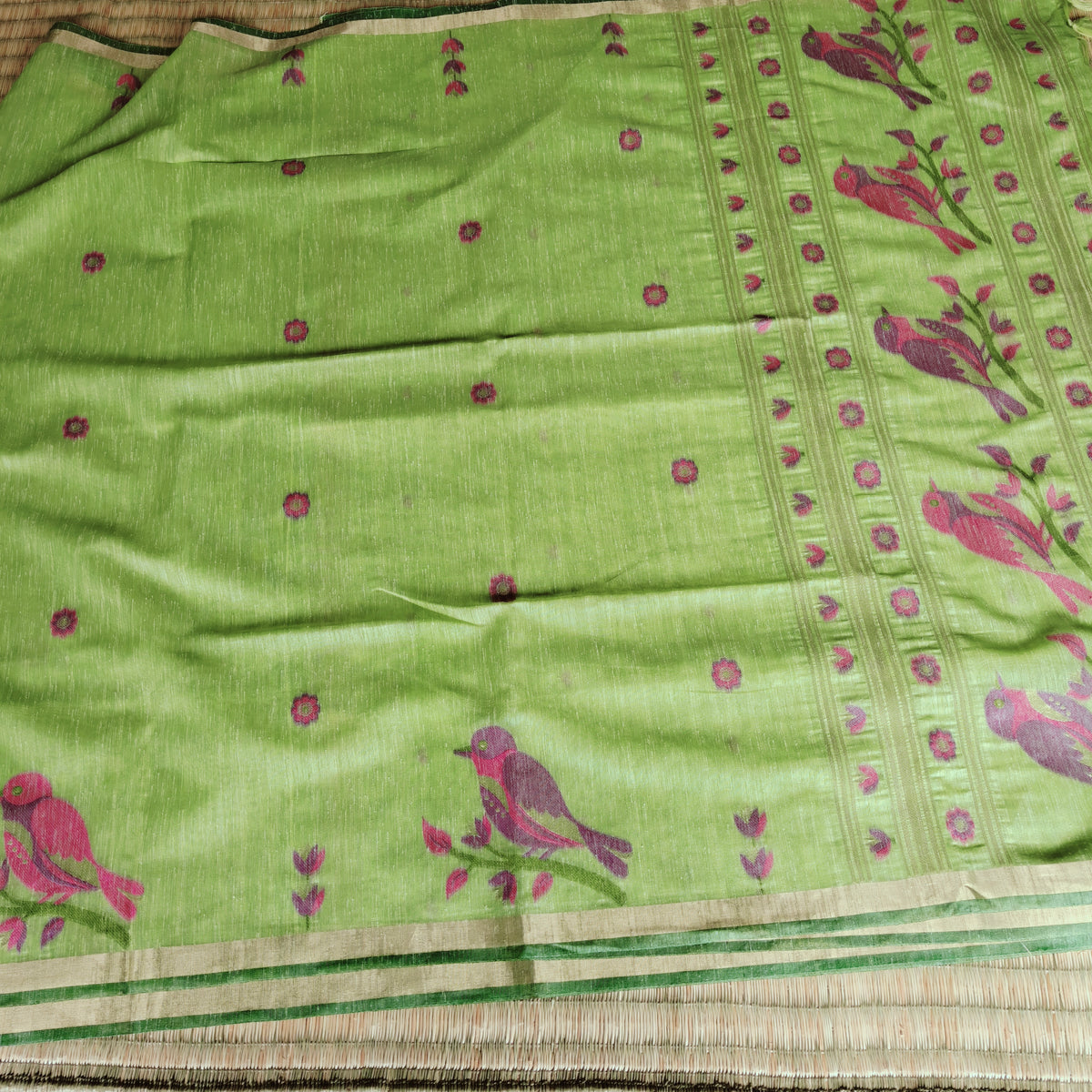 Bird Motif woven Muga Cotton Saree