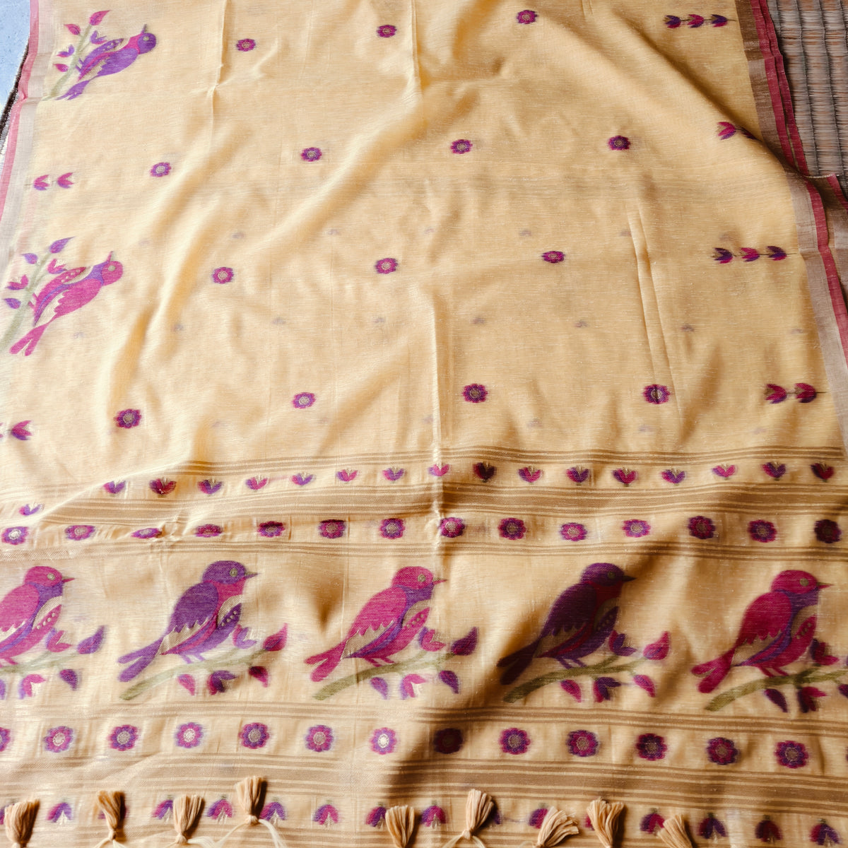 Bird motif Woven Muga Cotton Saree