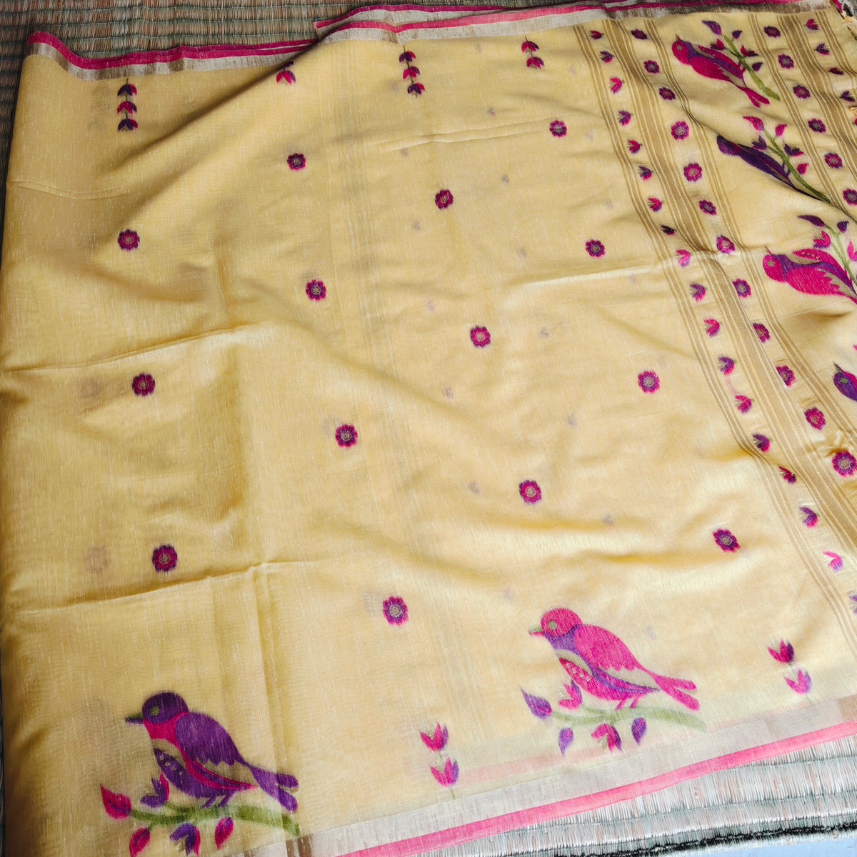 Bird motif Woven Muga Cotton Saree