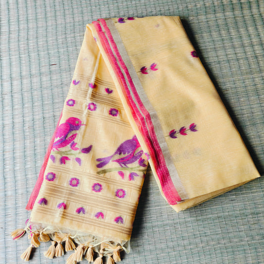 Bird motif Woven Muga Cotton Saree