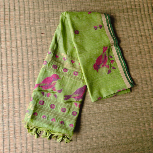 Bird Motif woven Muga Cotton Saree