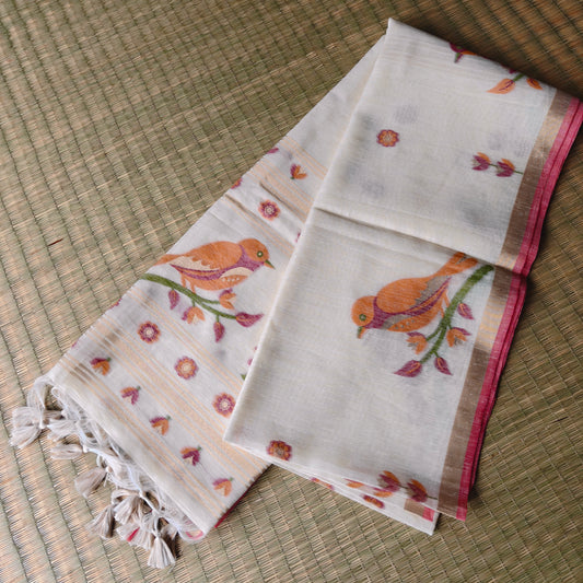 Bird Motif Woven Muga Cotton Saree