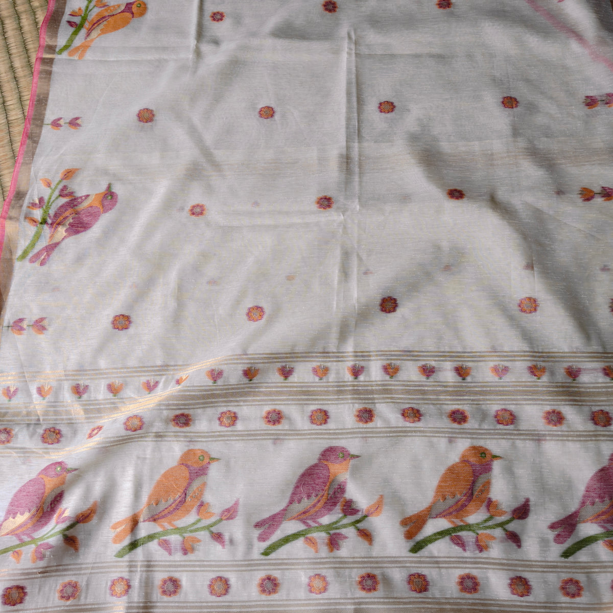 Bird Motif Woven Muga Cotton Saree