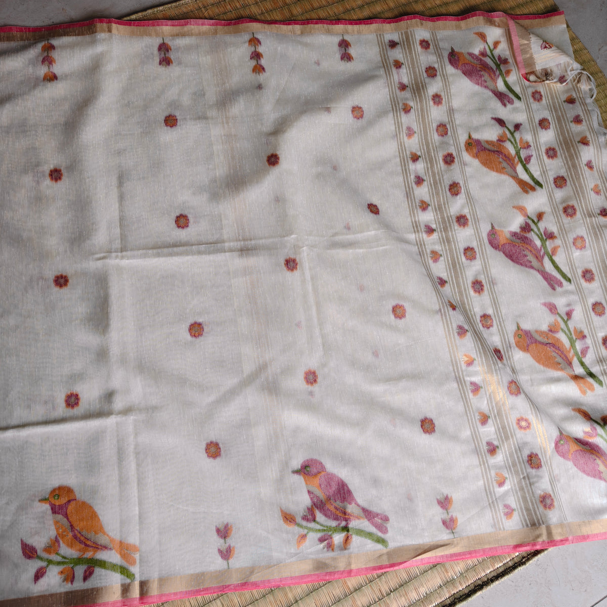 Bird Motif Woven Muga Cotton Saree
