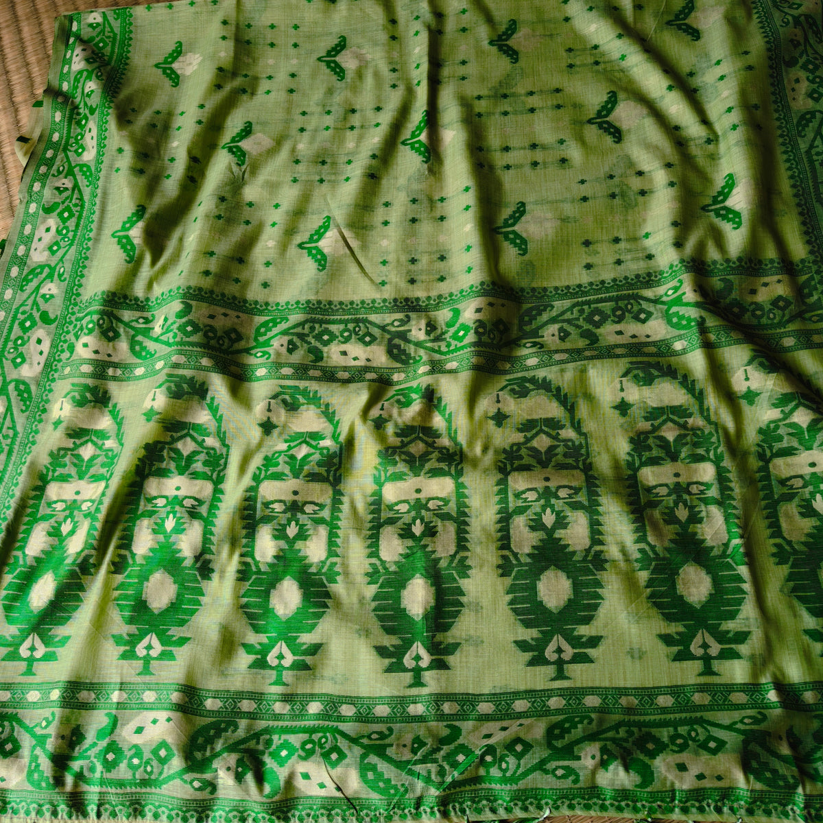sage Green Muga Cotton Jamdani Saree
