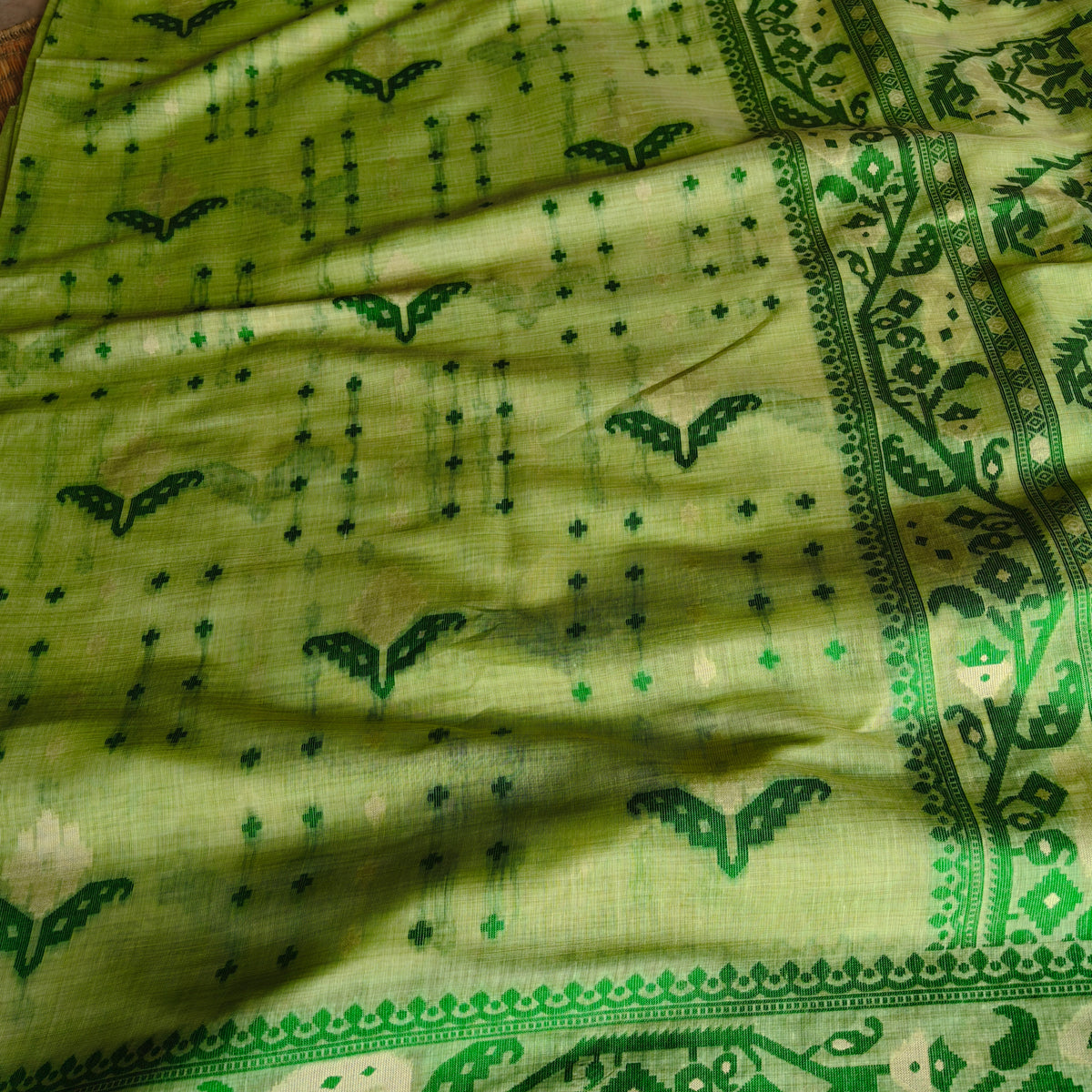 sage Green Muga Cotton Jamdani Saree