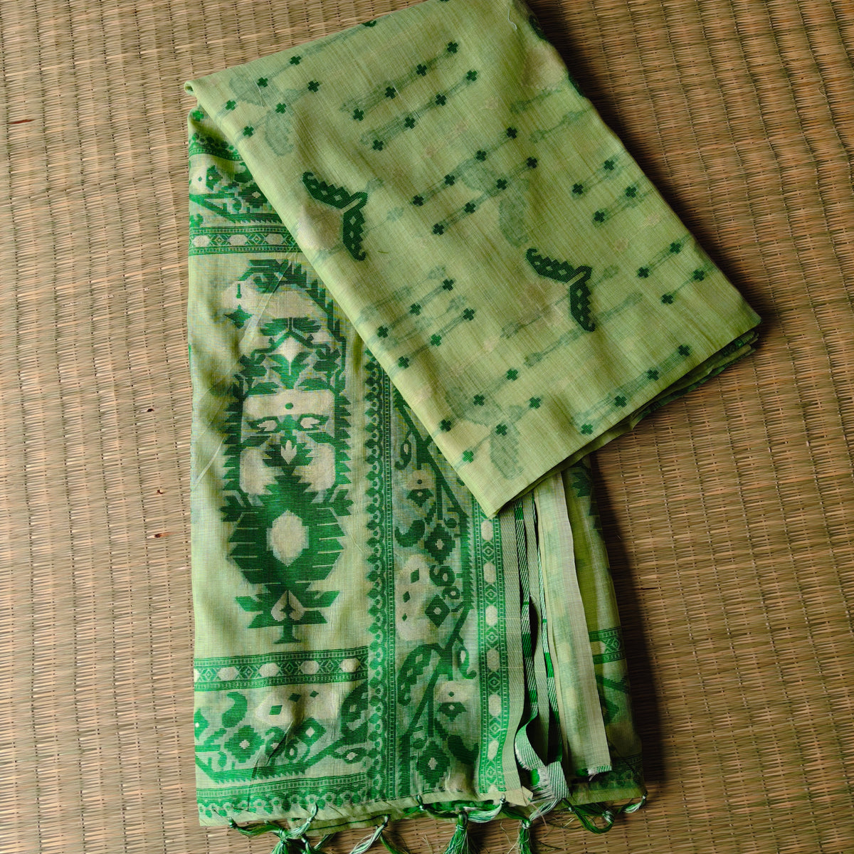 sage Green Muga Cotton Jamdani Saree