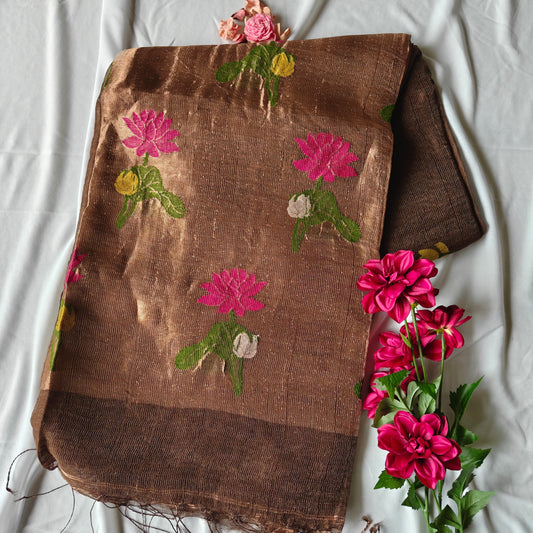 Tissue Silk Linen Saree with Splendid Lotus Motifs