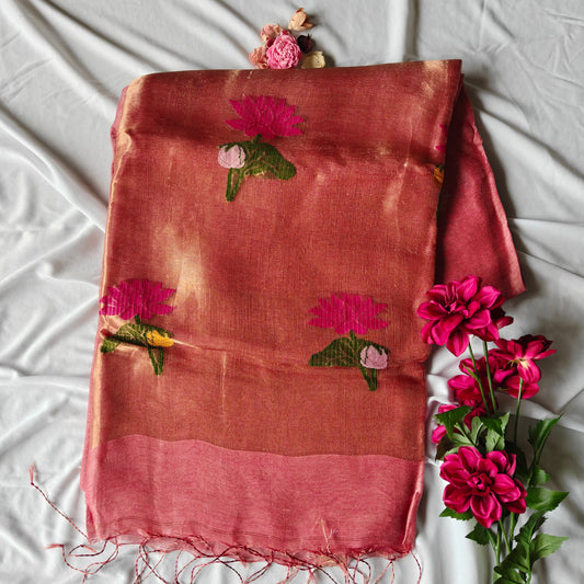 Tissue Silk linen saree with Lotus Motifs