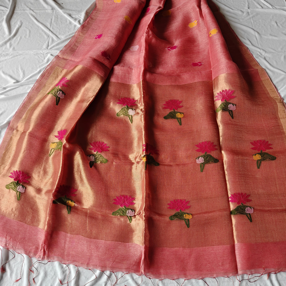 Tissue Silk linen saree with Lotus Motifs